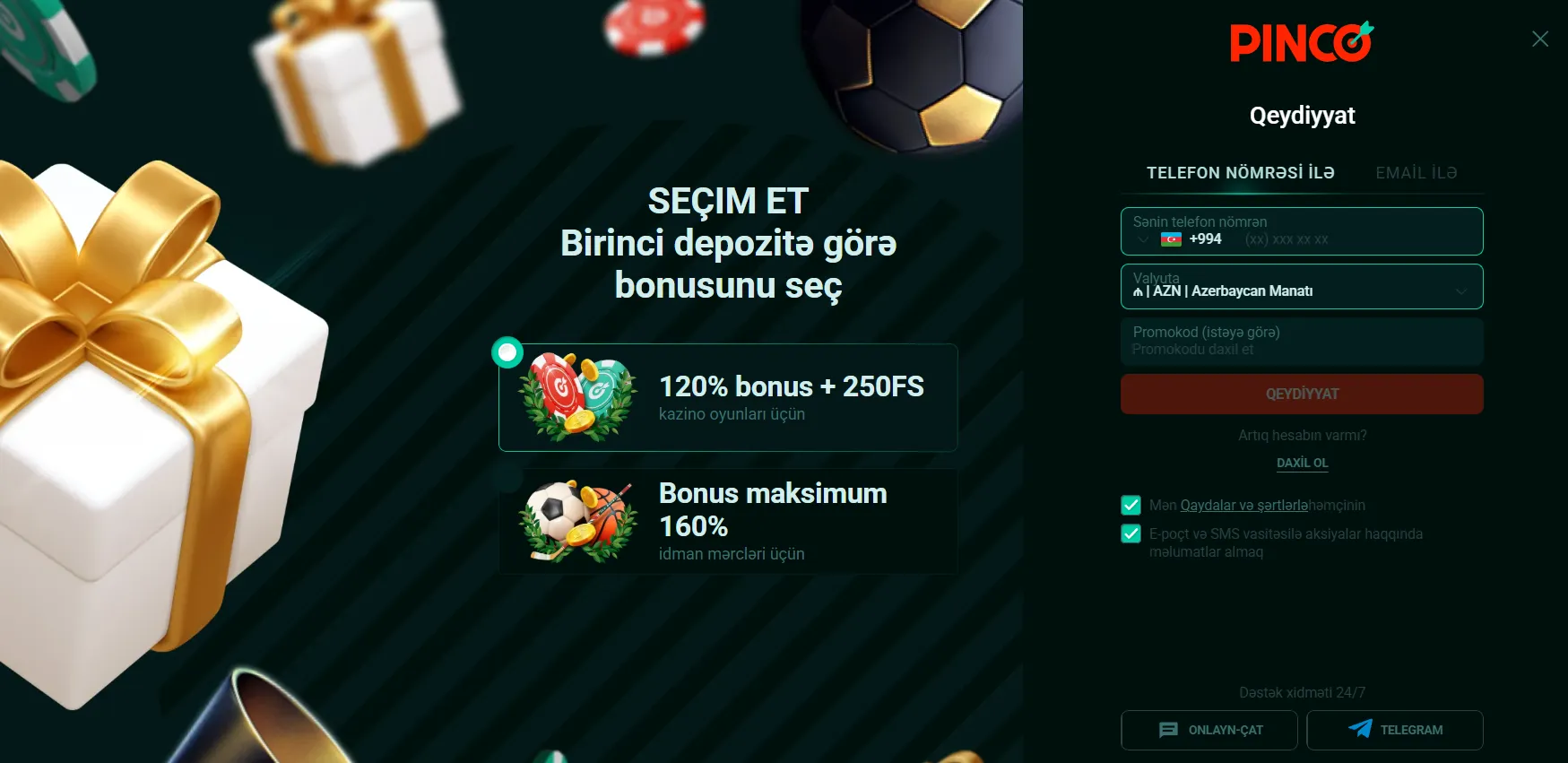 Pinco Giriş qeydiyyat prosesi